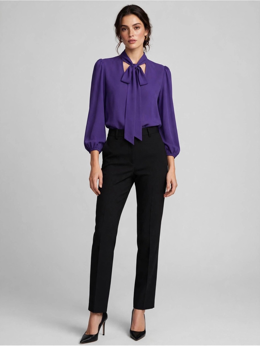 New York & Company Purple Bow-Neck Blouse with Black Straight Trousers